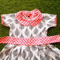 Thumbnail for Pink & White Cotton Block Printed Frock With Pink Collar and Pink Belt For Girls