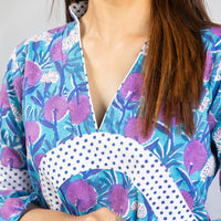 Thumbnail for Blue Floral Cotton Mid Length Dress for Women