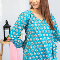 Thumbnail for Blue Cotton Hand Block Print One Sided Kaftan Style Dress For Woman