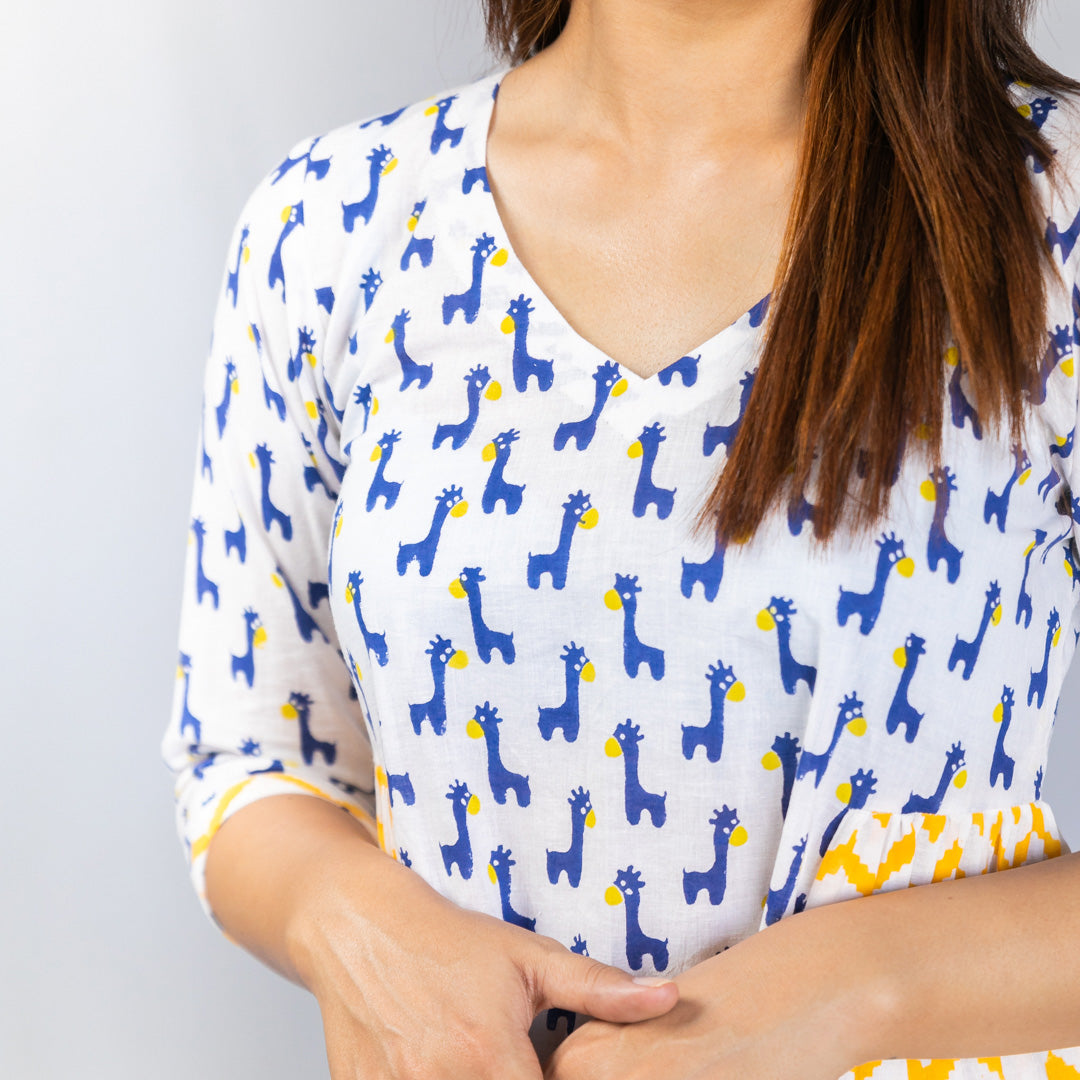 Yellow & Blue Cotton Block Printed Midi Dress for Women