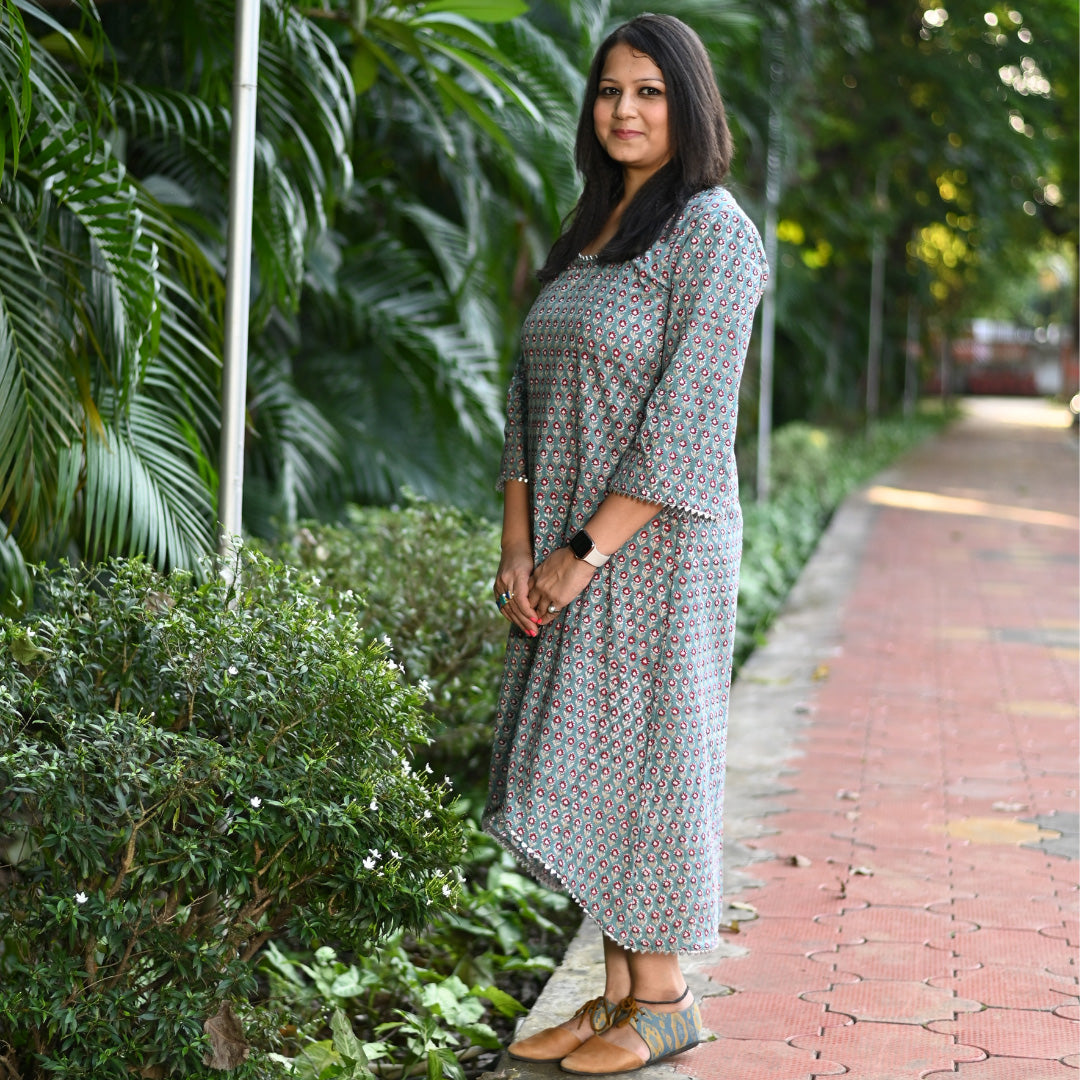 Teal Floral Cotton Hand Block Print High Low Dress for Women