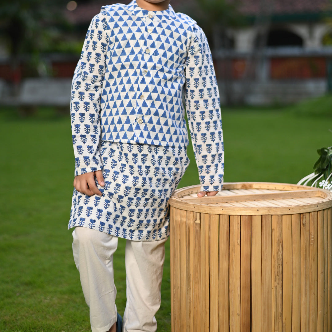 Three Piece White & Blue Cotton Block Print Traditional Kurta Pyjama Jacket Set For Boys