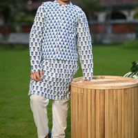 Thumbnail for Three Piece White & Blue Cotton Block Print Traditional Kurta Pyjama Jacket Set For Boys