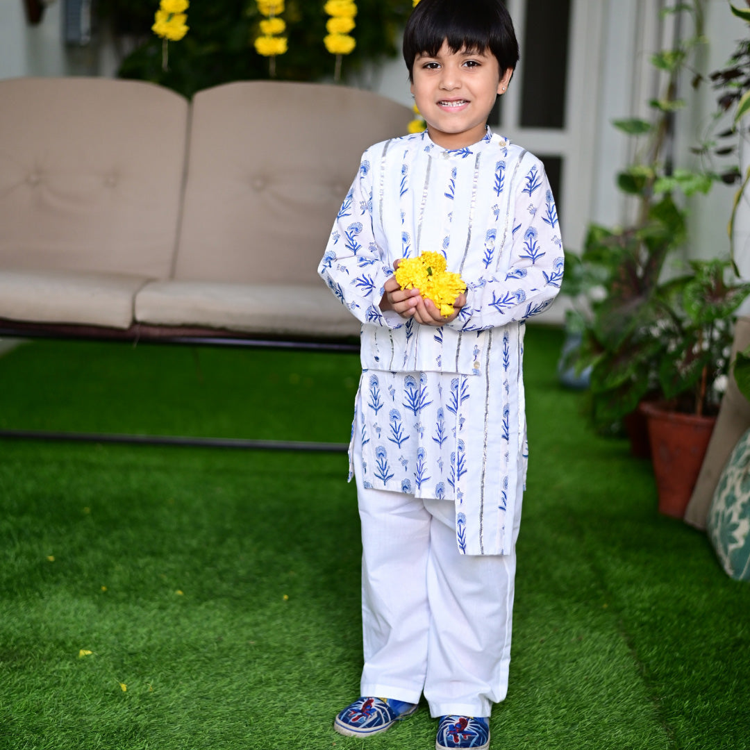 White & Blue Cotton Block Print Asymmetrical Traditional Kurta Pyjama Set For Boys