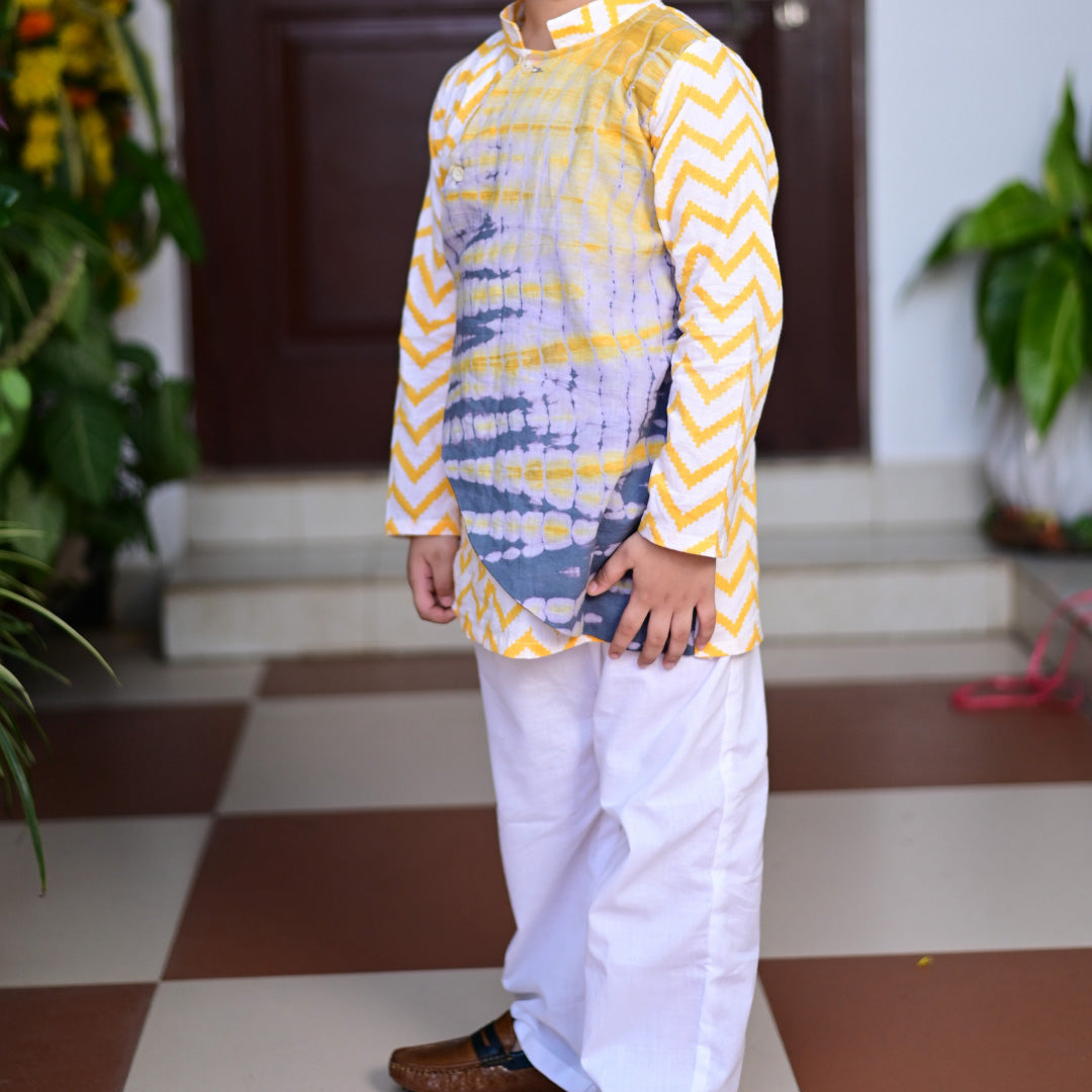 Yellow Cotton Block Print Chevron Overlap shibori Traditional Kurta Pyjama Set For Boys