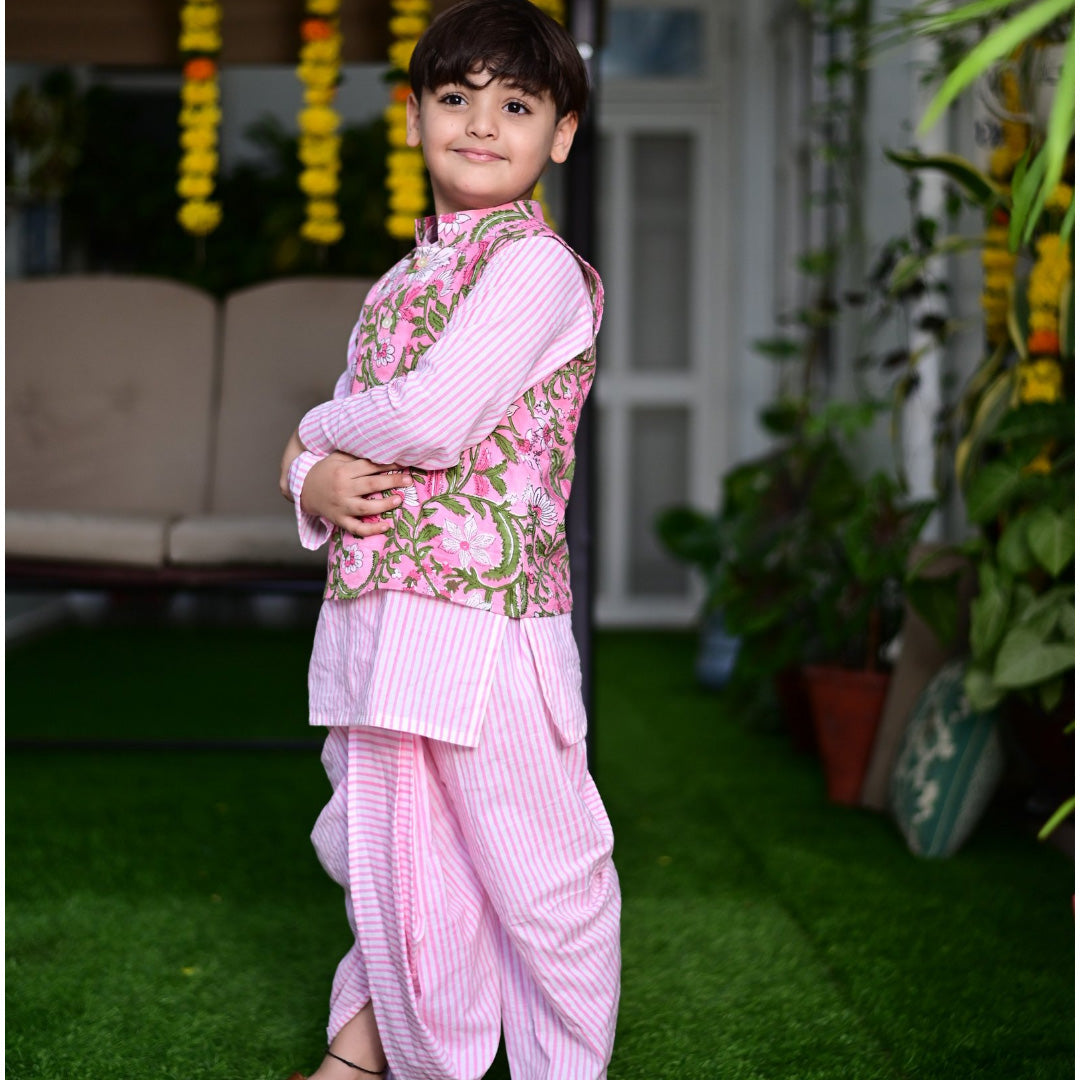 Three Piece Pink Cotton Block Print Traditional Dhoti Kurta Jacket Set For Boys