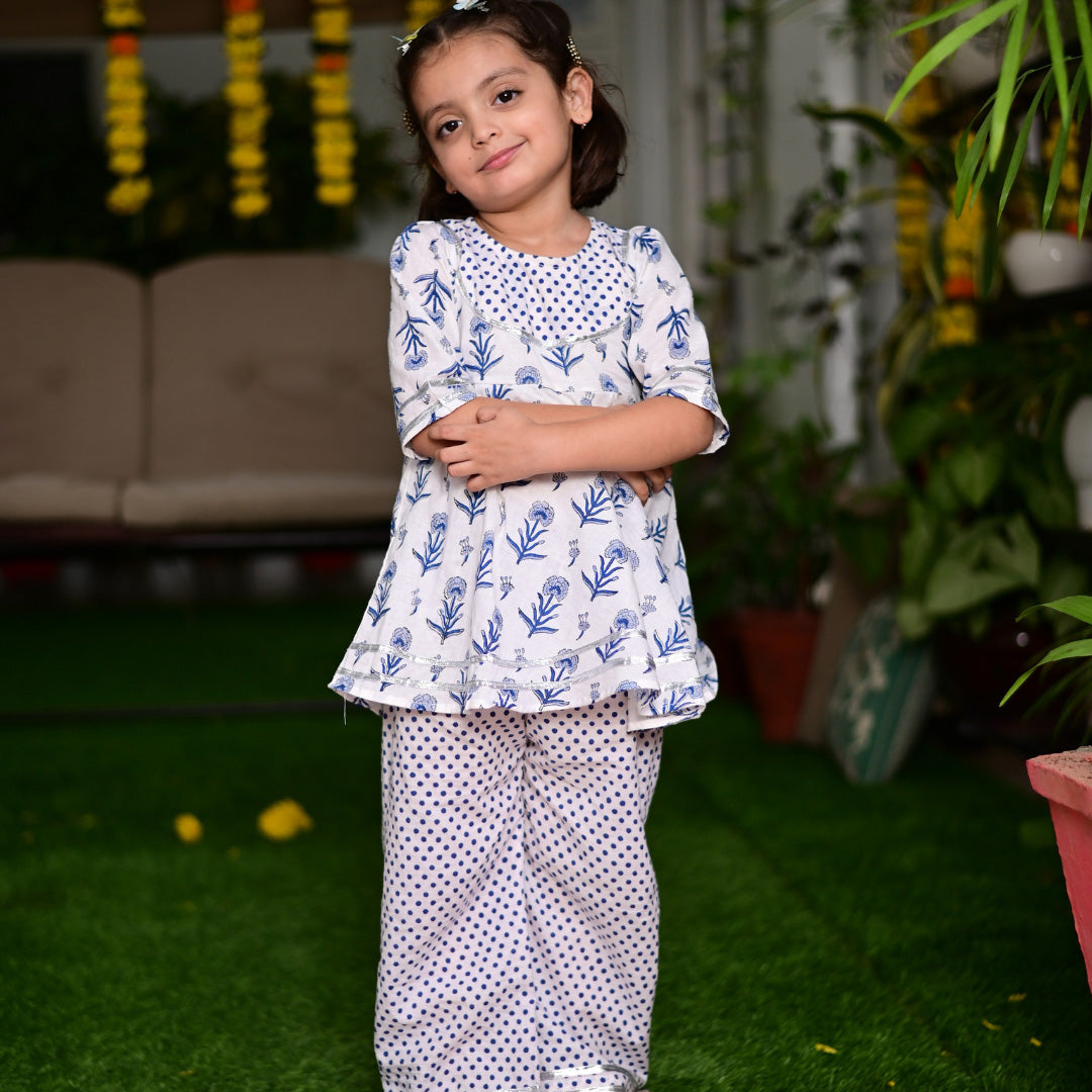 Girl's Two Piece Floral Blue & White Cotton Block Print Kurta Palazzo Set