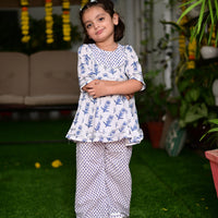 Thumbnail for Girl's Two Piece Floral Blue & White Cotton Block Print Kurta Palazzo Set