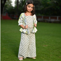 Thumbnail for Girl's Three Piece Green Shibori Cotton Block Print Top Palazzo And Shrug Set
