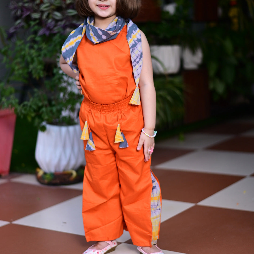 Three Piece Orange Cotton Top & Flared Pant with Grey Shibori Scarf Set For Girls