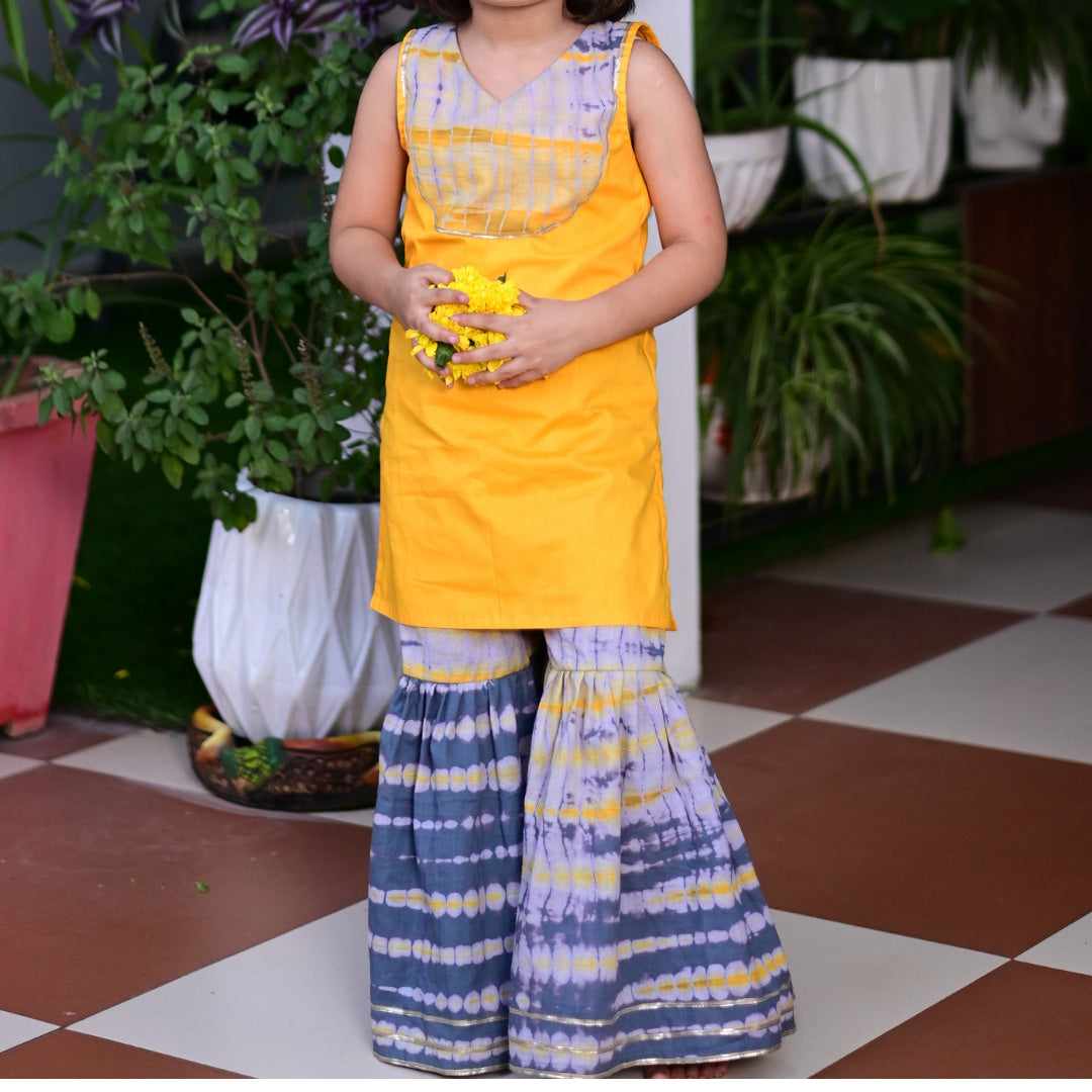 Yellow & Grey Shibori Sharara Dress For Girl's