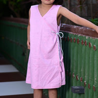 Thumbnail for Powder Pink Spun Cotton Sleeveless Overlap Double Sided Dress For Girls