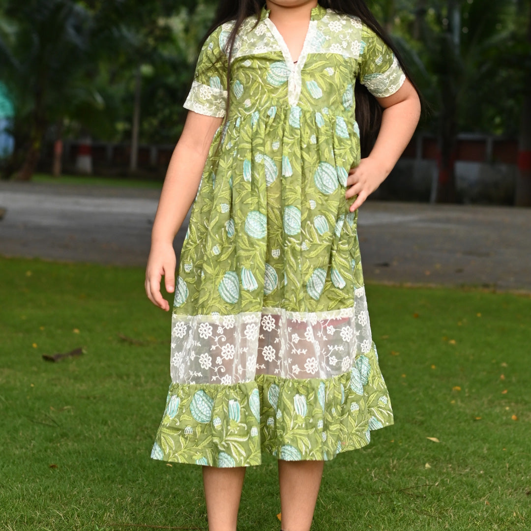 Apple Green Cotton Block Print Lace Long Dress For Girls