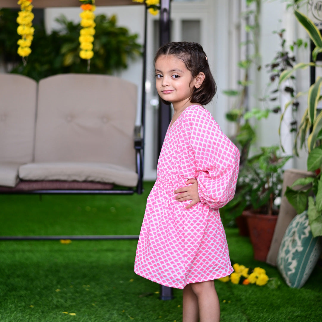 Pink Soft Cotton Block Print Kaftan Dress For Girls