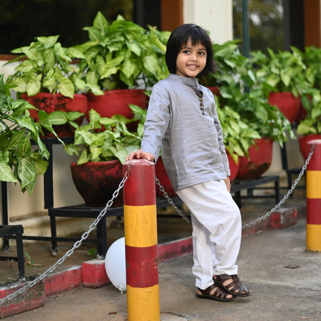 Plain Grey Cotton Kurta Style Shirt For Boys