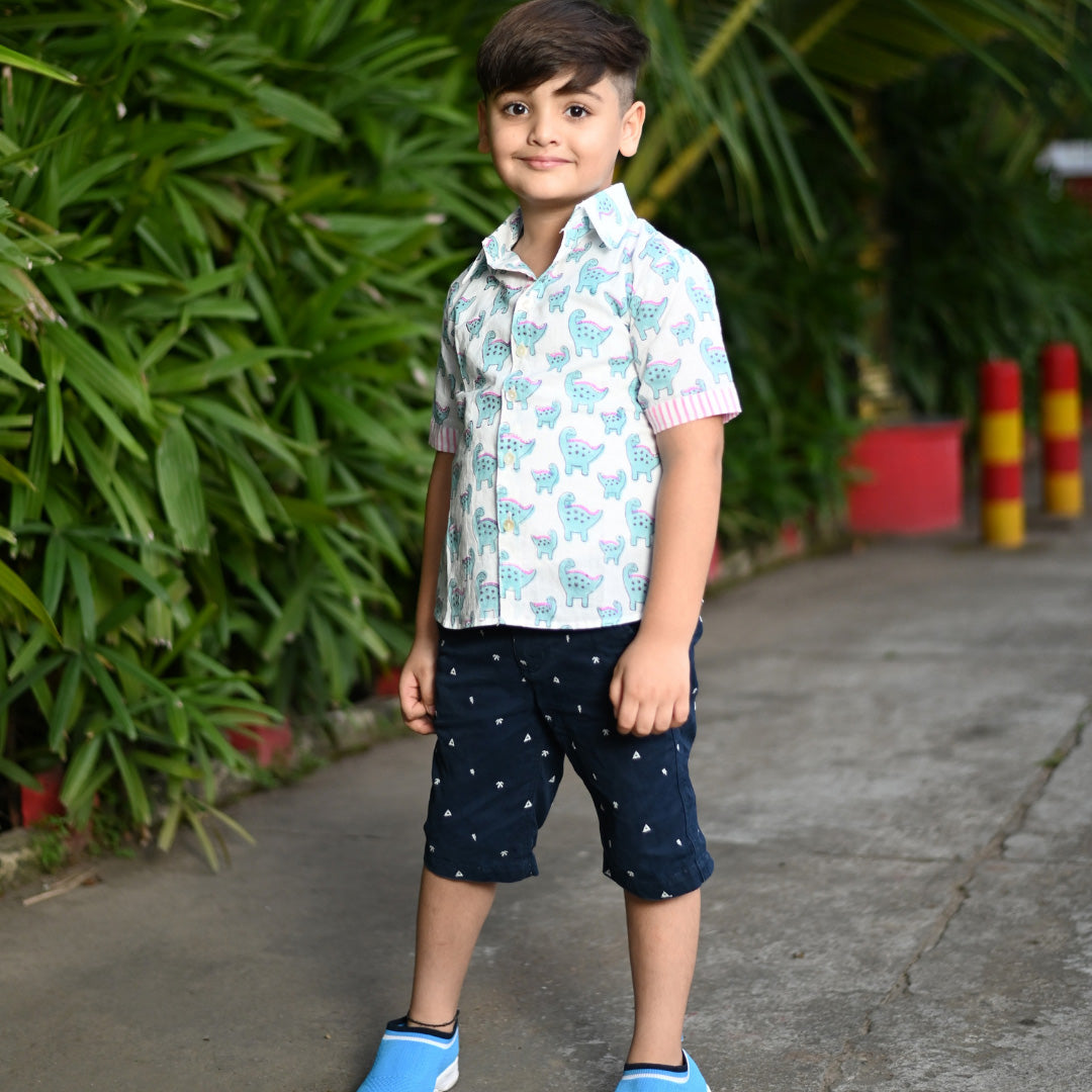 Blue Cotton Block Print Animal Print Shirt For Boys