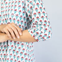 Thumbnail for White & Red Cotton Block Printed Ruffled Short Dress for Woman