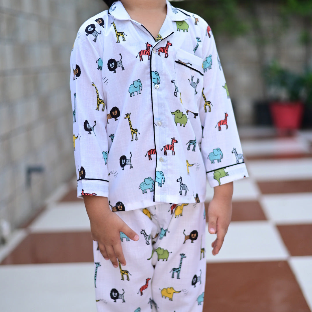 White Soft Cotton Animal Printed Nightwear For Boys