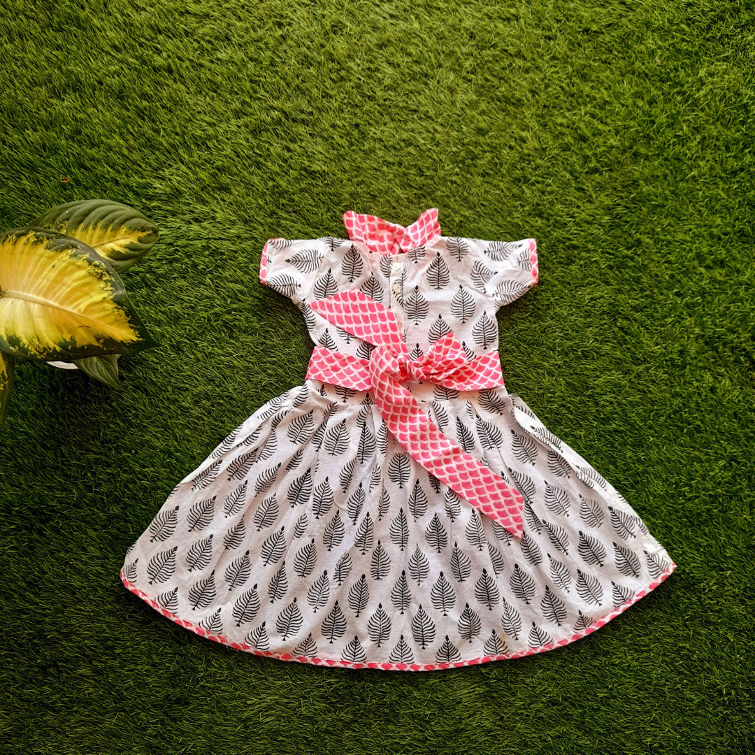 Pink & White Cotton Block Printed Frock With Pink Collar and Pink Belt For Girls
