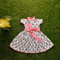 Thumbnail for Pink & White Cotton Block Printed Frock With Pink Collar and Pink Belt For Girls