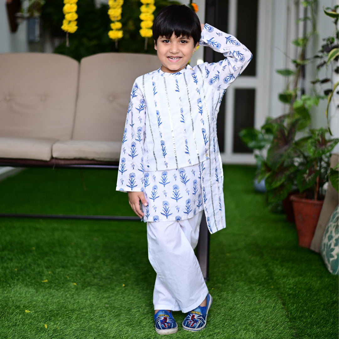 White & Blue Cotton Block Print Asymmetrical Traditional Kurta Pyjama Set For Boys