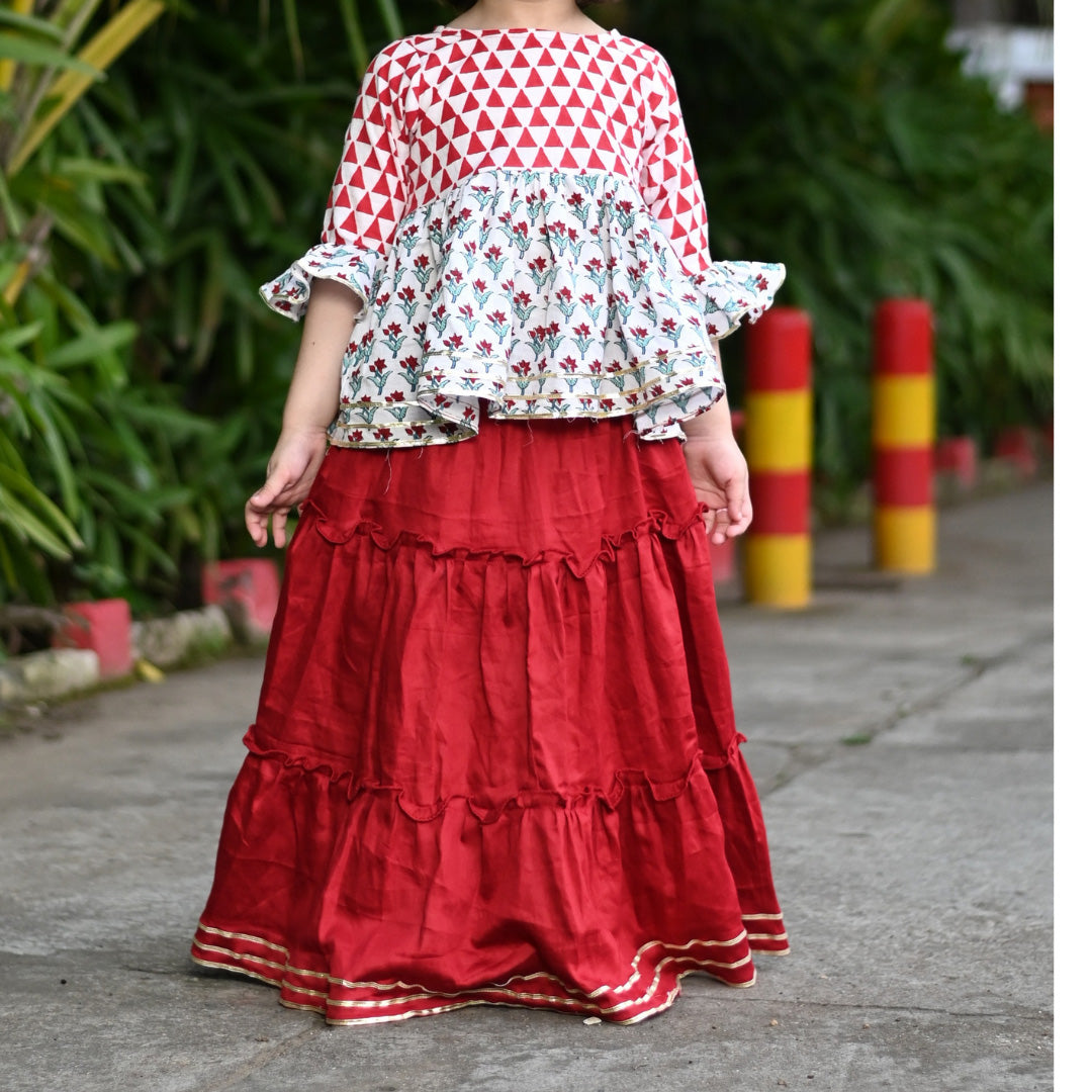Two Piece Red & White Traditional Cotton Block Print Long Skirt Top Set For Girls