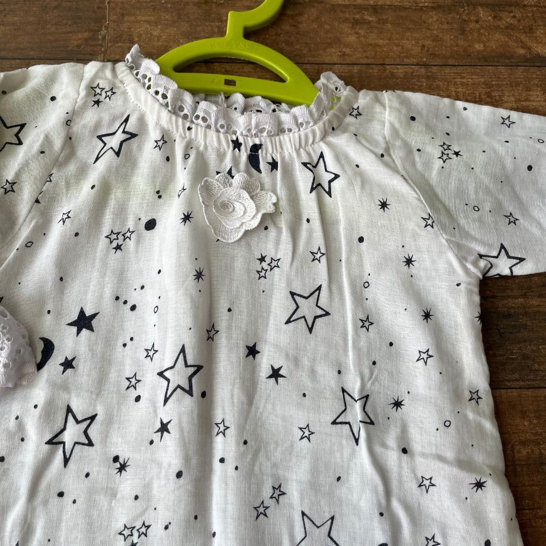 White Soft Cotton Star Print Nighty For Girl's