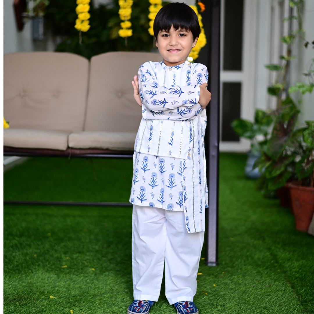 White & Blue Cotton Block Print Asymmetrical Traditional Kurta Pyjama Set For Boys