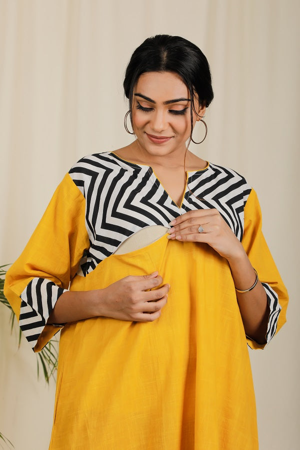 Mustard Black Kaftan Nighty For New Mom
