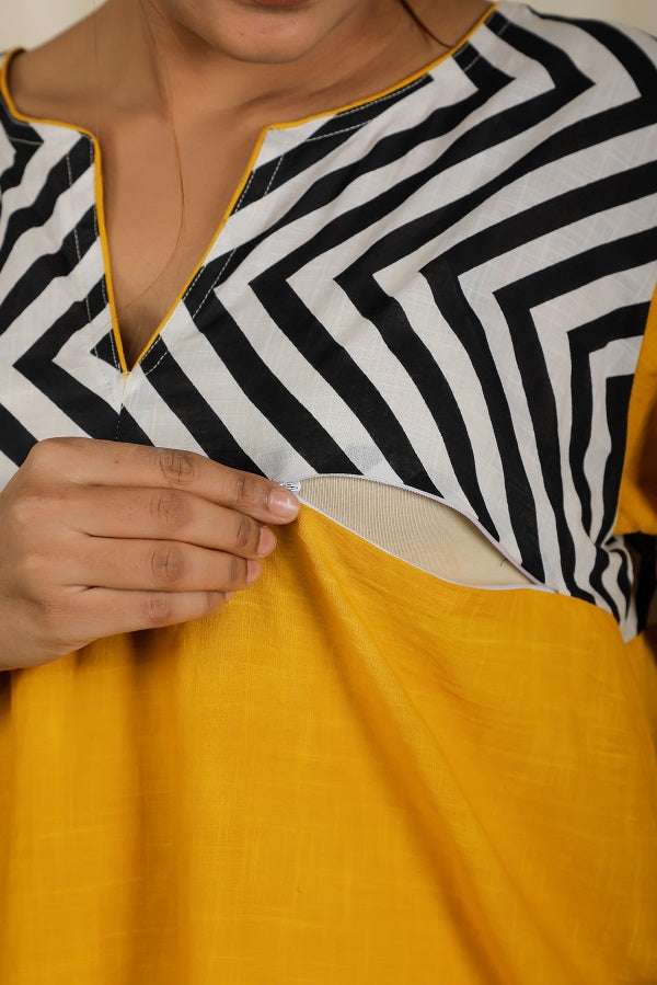 Mustard Black Kaftan Nighty For New Mom