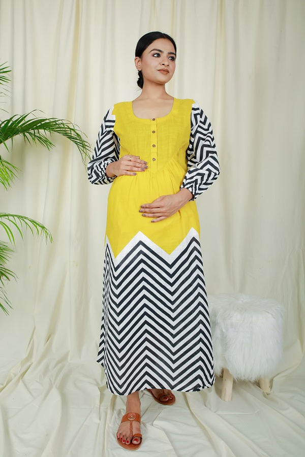 Mustard Black Kaftan Nighty For New Mom