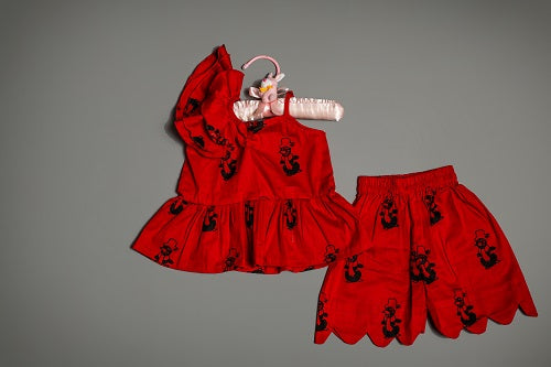 Deep Red Snowman Block Print Cotton Lycra Girl’s Coord Set