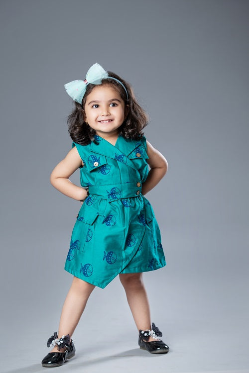 Teal Fish Block Print Cotton Lycra Girl’s Co-ord Set