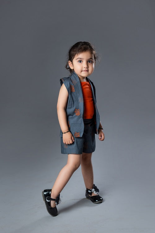 Grey Orange Three Piece Cotton Lycra Girl’s Coord Set