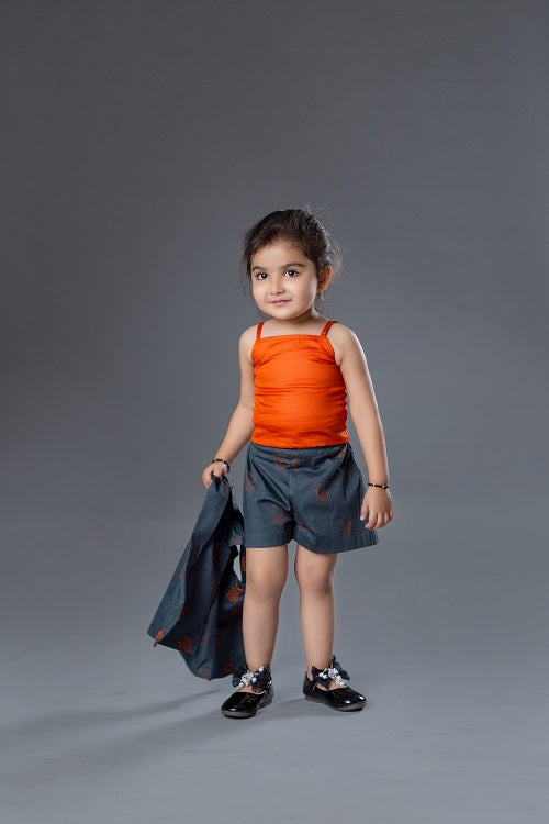 Grey Orange Three Piece Cotton Lycra Girl’s Coord Set