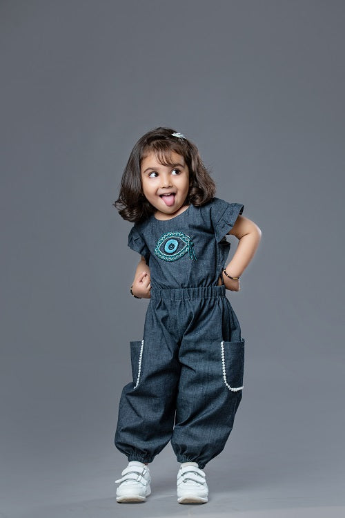 Evil’s Eye Hand Embroidered Denim Girl’s Jumpsuit