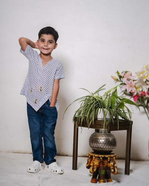 Blue Polka Dot Cotton Block Print Embroidered Shirt For Boys