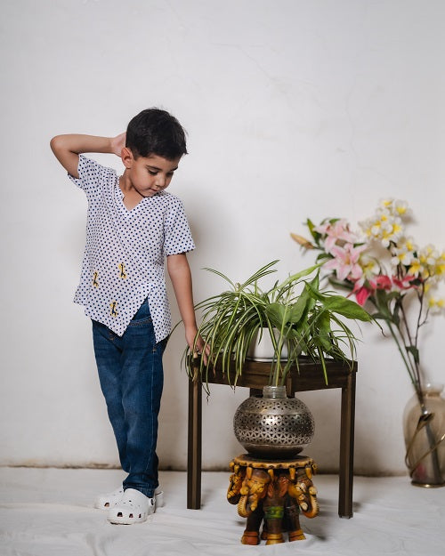 Blue Polka Dot Cotton Block Print Embroidered Shirt For Boys