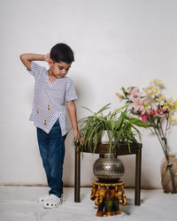 Thumbnail for Blue Polka Dot Cotton Block Print Embroidered Shirt For Boys