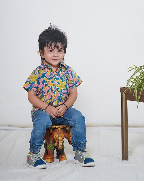 Multicoloured Cotton Block Floral Printed Bush Shirt For Boys