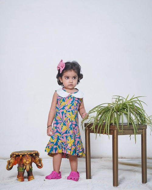 Multicoloured Cotton Floral Hand Block Printed Sleeveless Dress with Embroidered collar and Frills For Girls