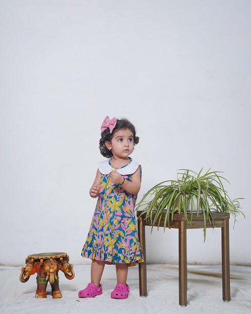 Multicoloured Cotton Floral Hand Block Printed Sleeveless Dress with Embroidered collar and Frills For Girls