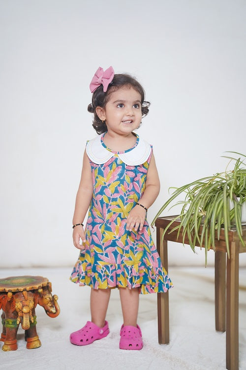 Multicoloured Cotton Floral Hand Block Printed Sleeveless Dress with Embroidered collar and Frills For Girls