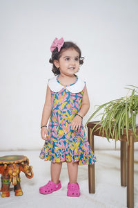 Thumbnail for Multicoloured Cotton Floral Hand Block Printed Sleeveless Dress with Embroidered collar and Frills For Girls