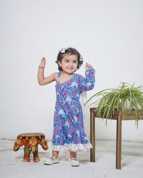 Blue Cotton Block Print One Shoulder Sleeveless long Indo-western Dress with a White drape For Girls