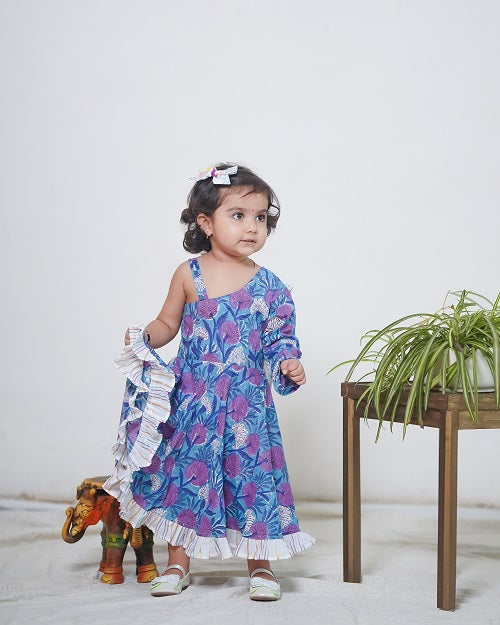 Blue Cotton Block Print One Shoulder Sleeveless long Indo-western Dress with a White drape For Girls