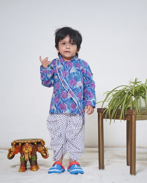 Two Piece Purple Blue Cotton Traditional Kurta And Polka Dots Dhoti  Set For Boys