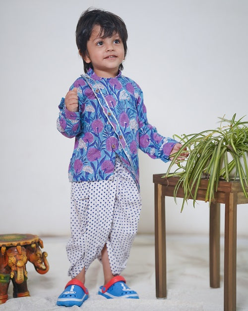 Two Piece Purple Blue Cotton Traditional Kurta And Polka Dots Dhoti  Set For Boys