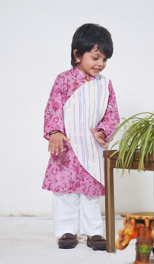 Pink Overlap Traditional Cotton Block Print Kurta Pyjama Set For Boys