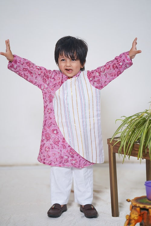 Pink Overlap Traditional Cotton Block Print Kurta Pyjama Set For Boys